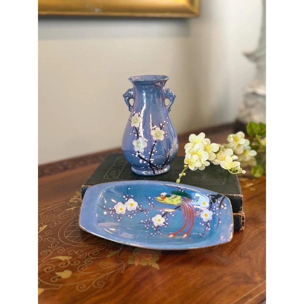 Vintage 1930s Japanese Blue Lusterware Vase & Bird Dish • Hand Painted